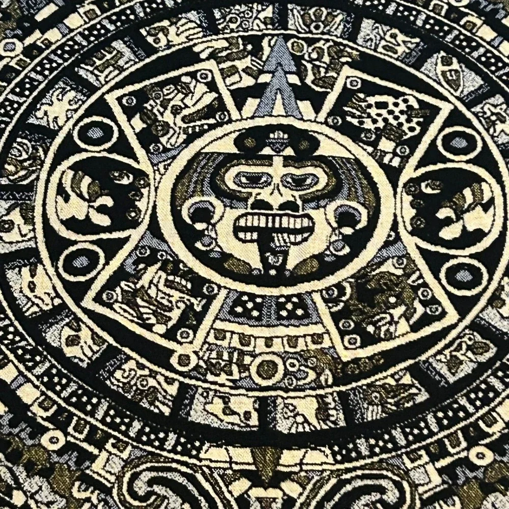 Mexican Aztec Mayan Sun Stone Calendar Woven Tapestry Blanket Jaguar Pyramids